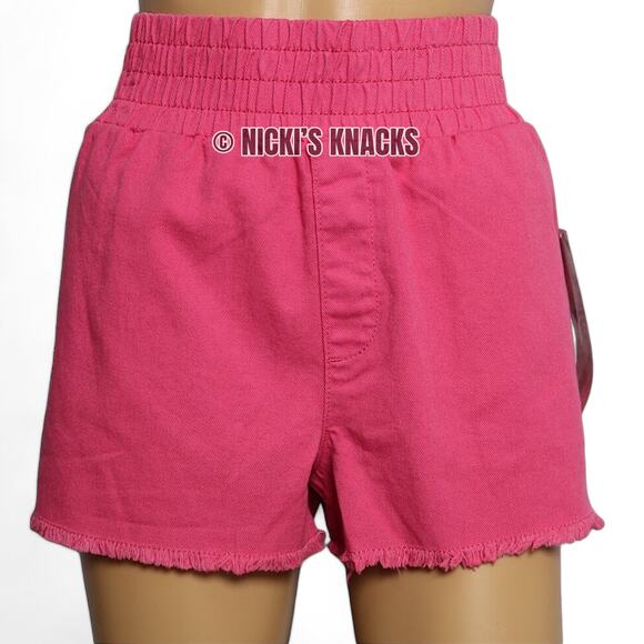 Vanilla Star Hot Pink Denim Shorts High Rise Pull On Frayed Hem Easy Fit Size L - Picture 3 of 10